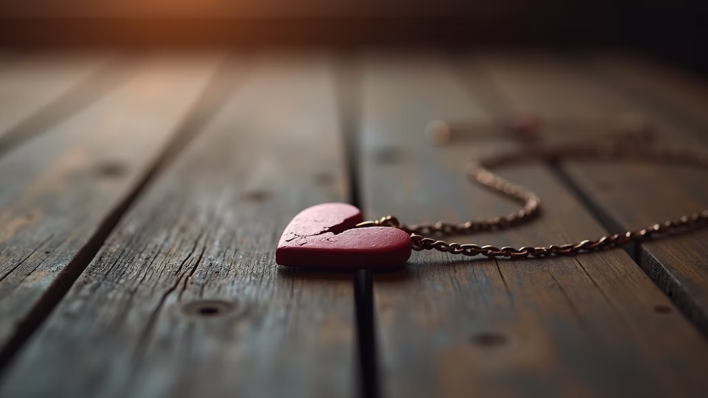 Close-up view of a broken heart pendant on a wooden table