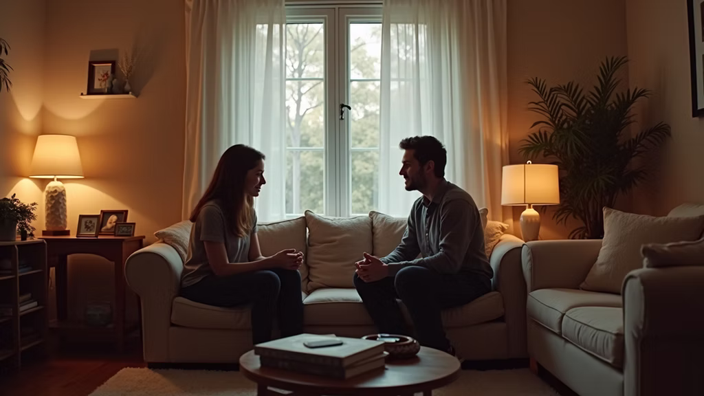 Eye-level view of a couple having a deep conversation in a cozy living room