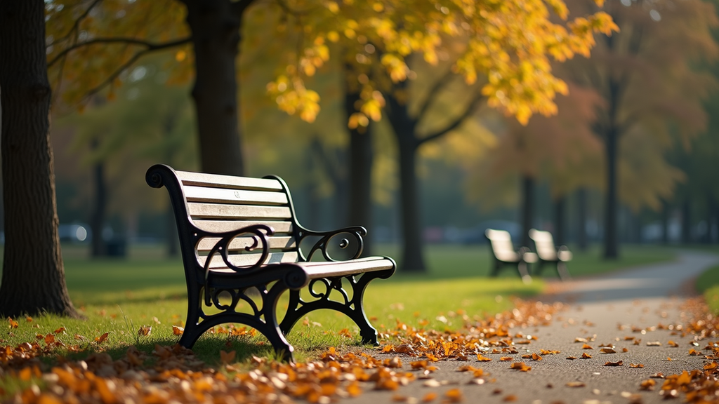 High angle view of a quiet park bench perfect for heart-to-heart talks