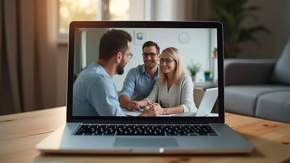Close-up view of a laptop screen showing a video call interface with a couple and therapist