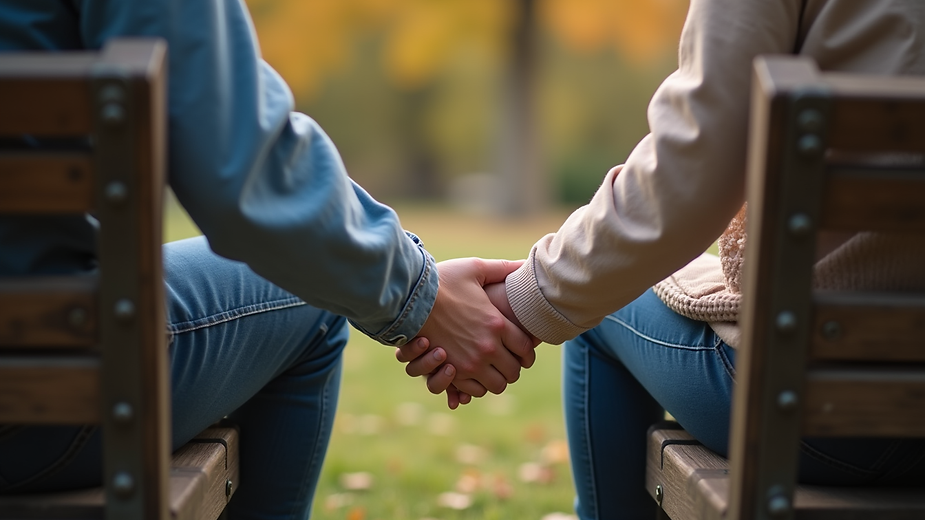 Close-up view of a couple holding hands on a park bench