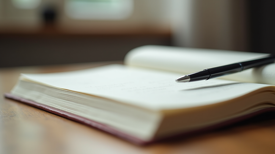 Close-up view of a journal and pen on a wooden table, symbolizing reflection and growth