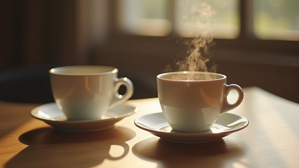 Close-up view of two coffee cups on a table symbolizing a peaceful conversation