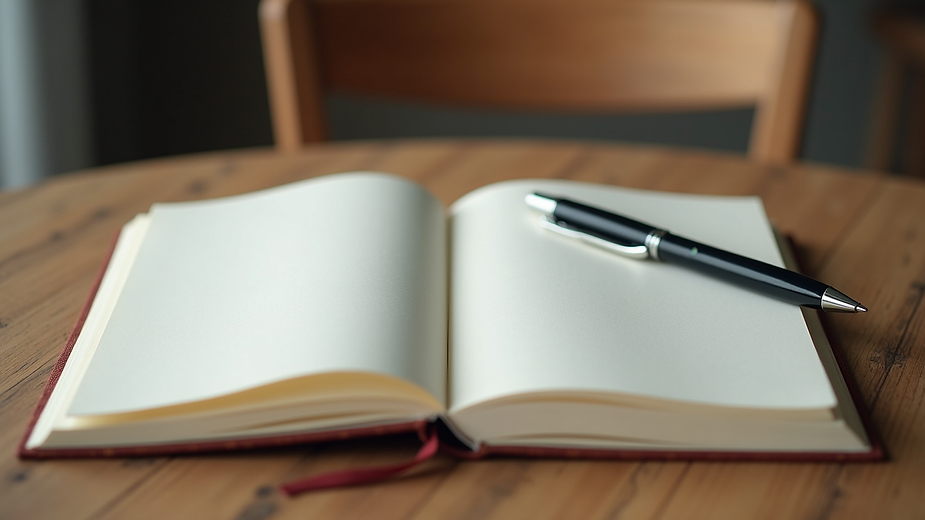 Close-up view of a journal and pen on a wooden table