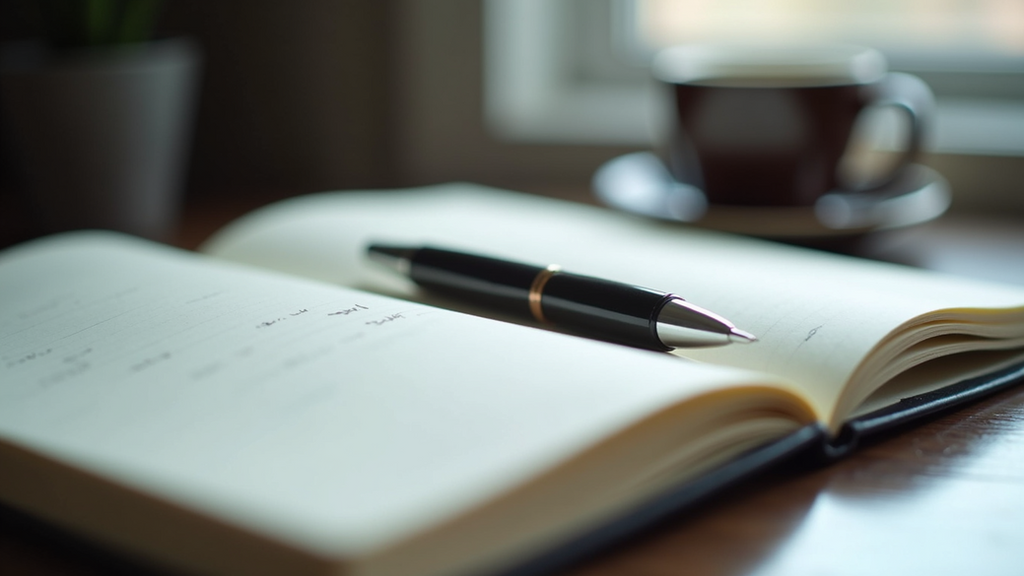 Close-up of a journal and pen showing reflective writing