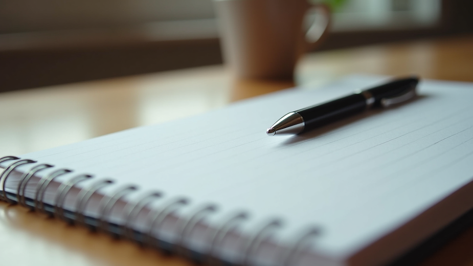 Close-up view of a notebook and pen on a table, ready for note-taking