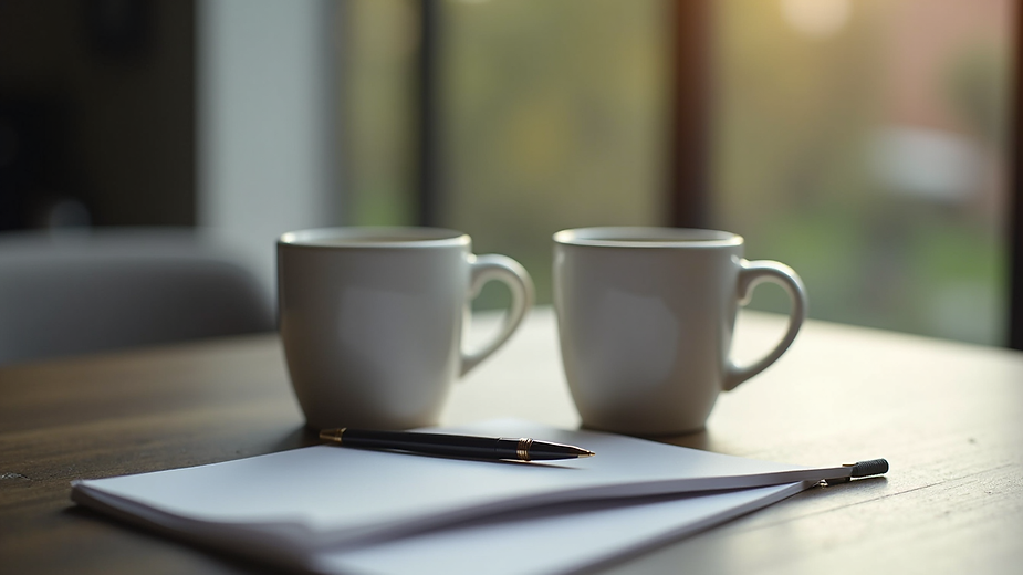 Close-up view of two coffee mugs on a table with a notebook and pen