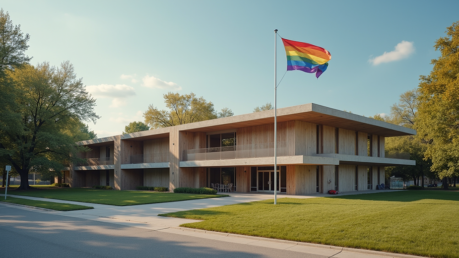 Wide angle view of a community center with a rainbow flag outside