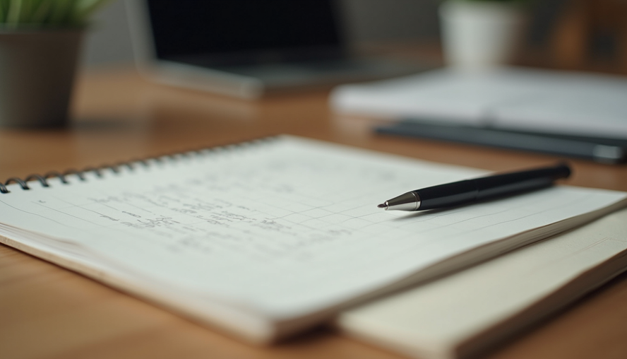 Close-up of a journal and pen on a desk, symbolizing self-reflection and growth